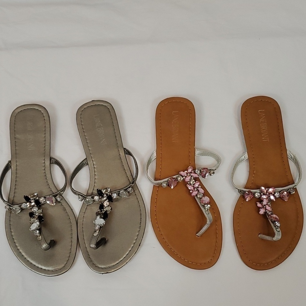 Lane Bryant 2 pair Jeweled Thong Strappy Fly Sandal size 9W